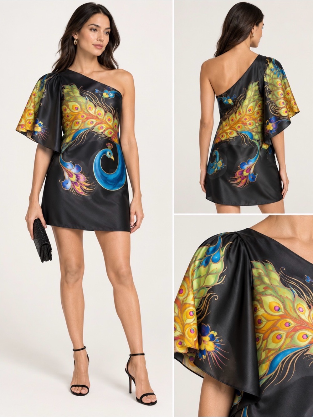 Tibi New York Peacock Print One Shoulder Silk Mini Dress Size 2